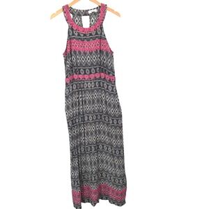 THML Maxi Dress Women XL Black White Geometric Pink Crochet Trim Boho Beach